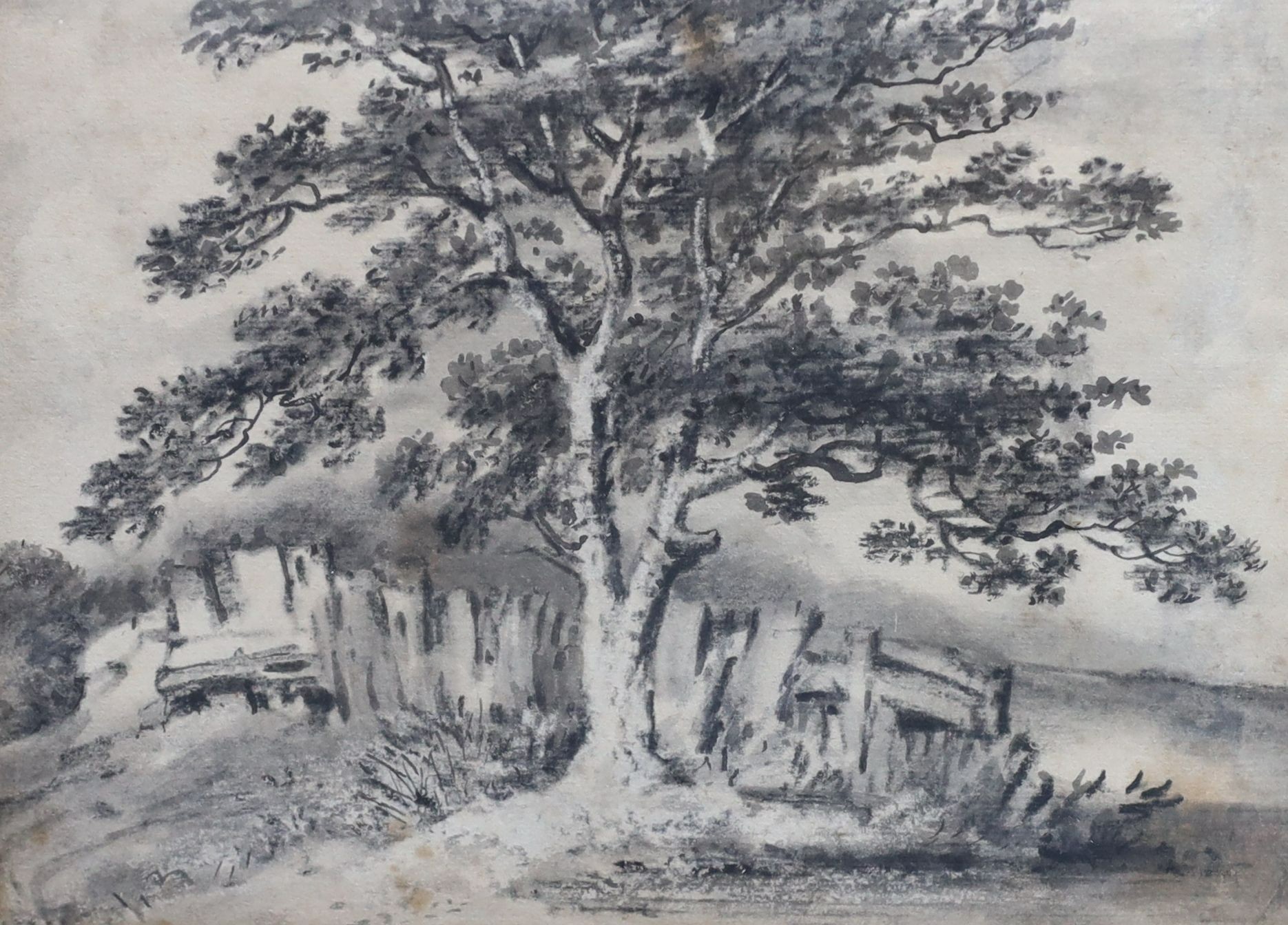 Dr Thomas Munro (1759-1833), Cottage and trees in a landscape and Tree and fence in a landscape, charcoal and wash, a pair, 15 x 20cm and 15.5 x 21cm
